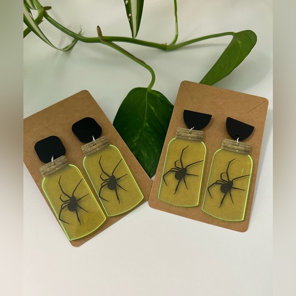 Neon Jar with Spooky Spider Emo Earrings - Goth Spider Earrings - Picture 1 of 15